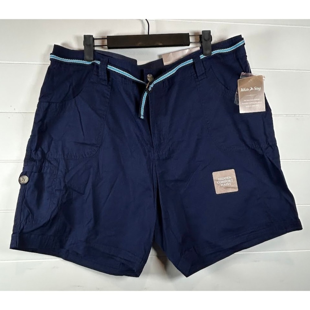 White Stag Womens Blue Belted Cargo Pocket Shorts Sz 18 100% Cotton NEW